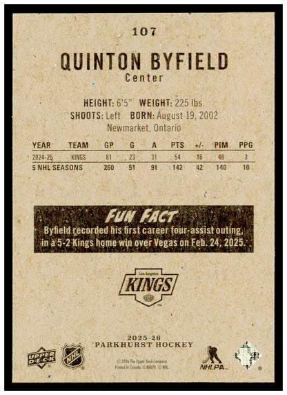 2025-26 Parkhurst Quinton Byfield Card Los Angeles Kings