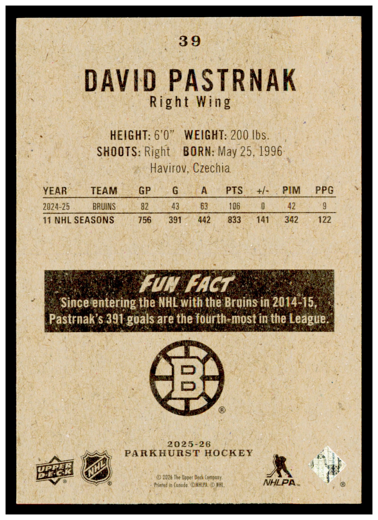 2025-26 Parkhurst David Pastrnak Card Boston Bruins