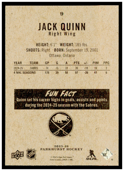 2025-26 Parkhurst Jack Quinn Card Buffalo Sabres