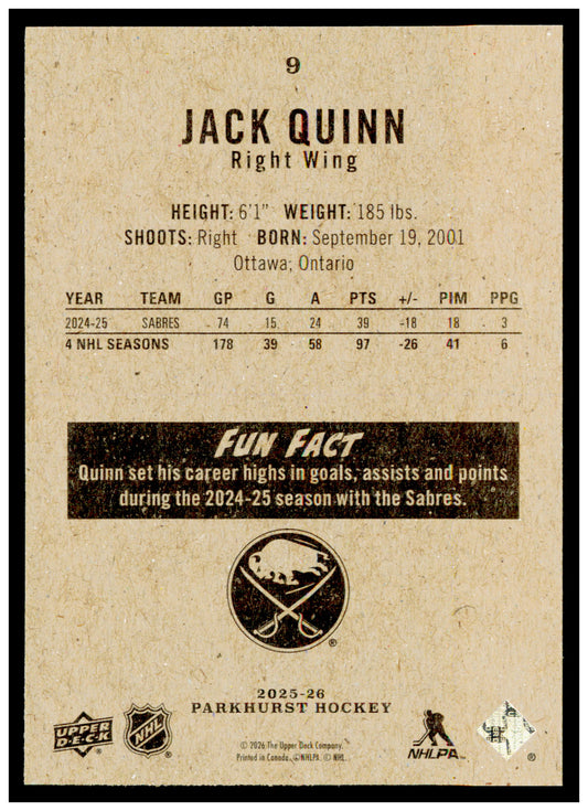 2025-26 Parkhurst Jack Quinn Card Buffalo Sabres