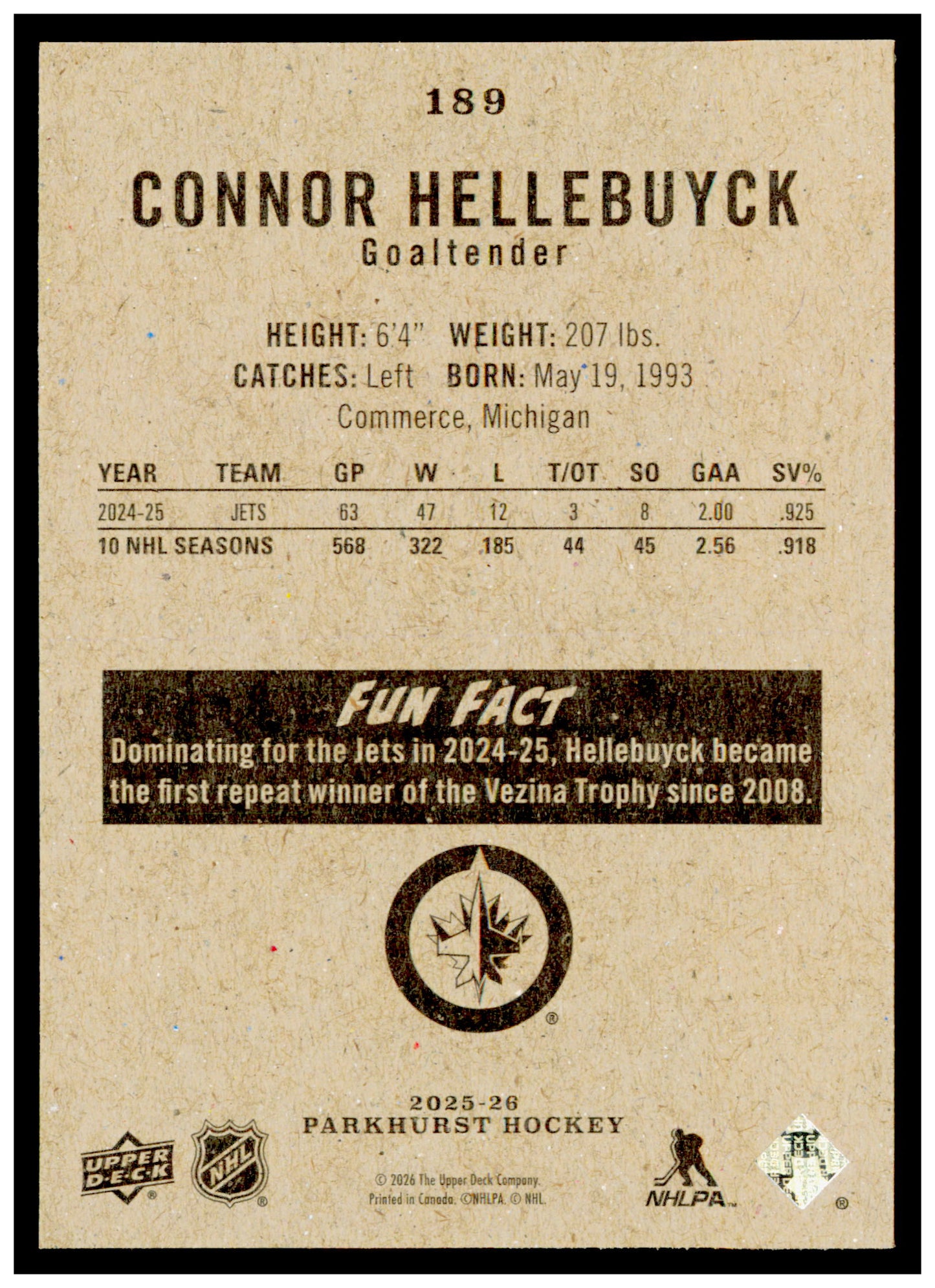 2025-26 Parkhurst Connor Hellebuyck Card Winnipeg Jets