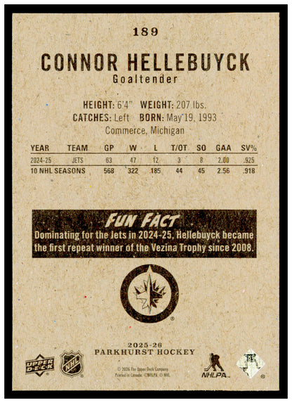 2025-26 Parkhurst Connor Hellebuyck Card Winnipeg Jets