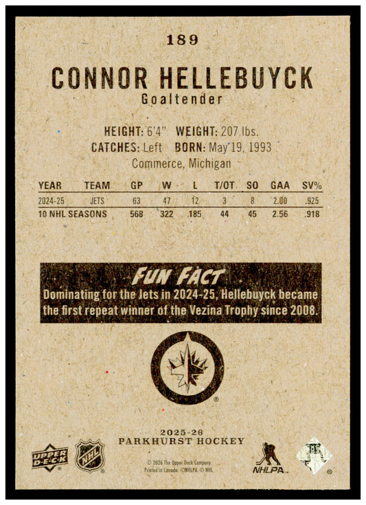2025-26 Parkhurst Connor Hellebuyck Card Winnipeg Jets