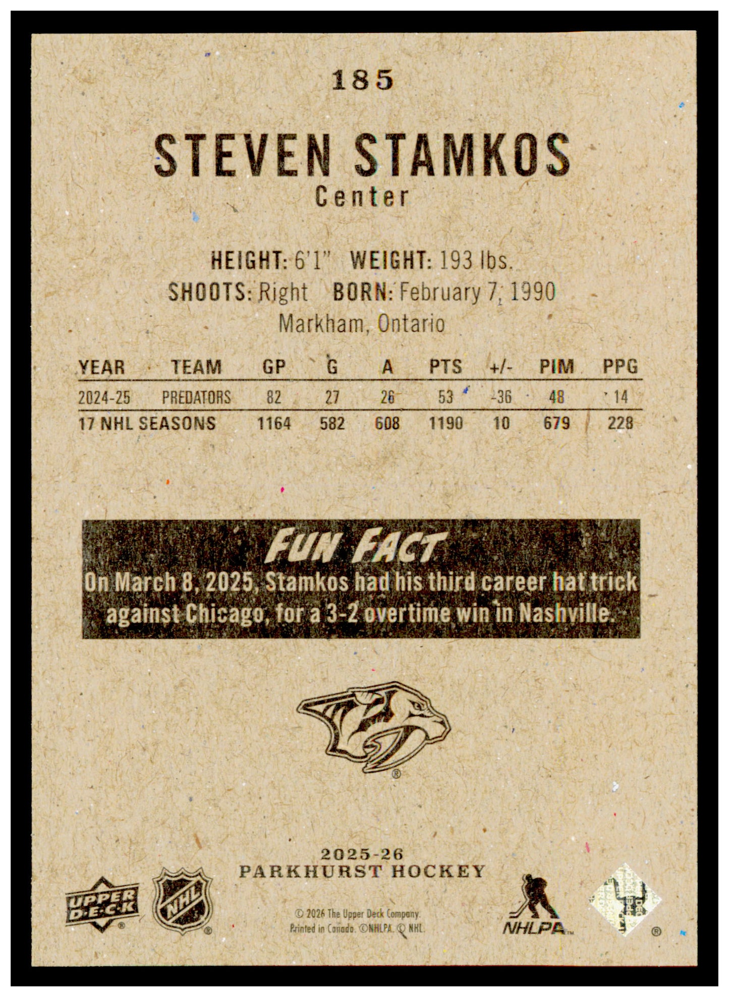 2025-26 Parkhurst Steven Stamkos Card Nashville Predators