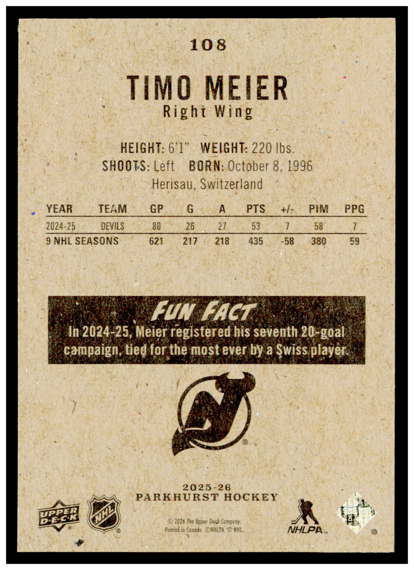 2025-26 Parkhurst Timo Meier Card New Jersey Devils