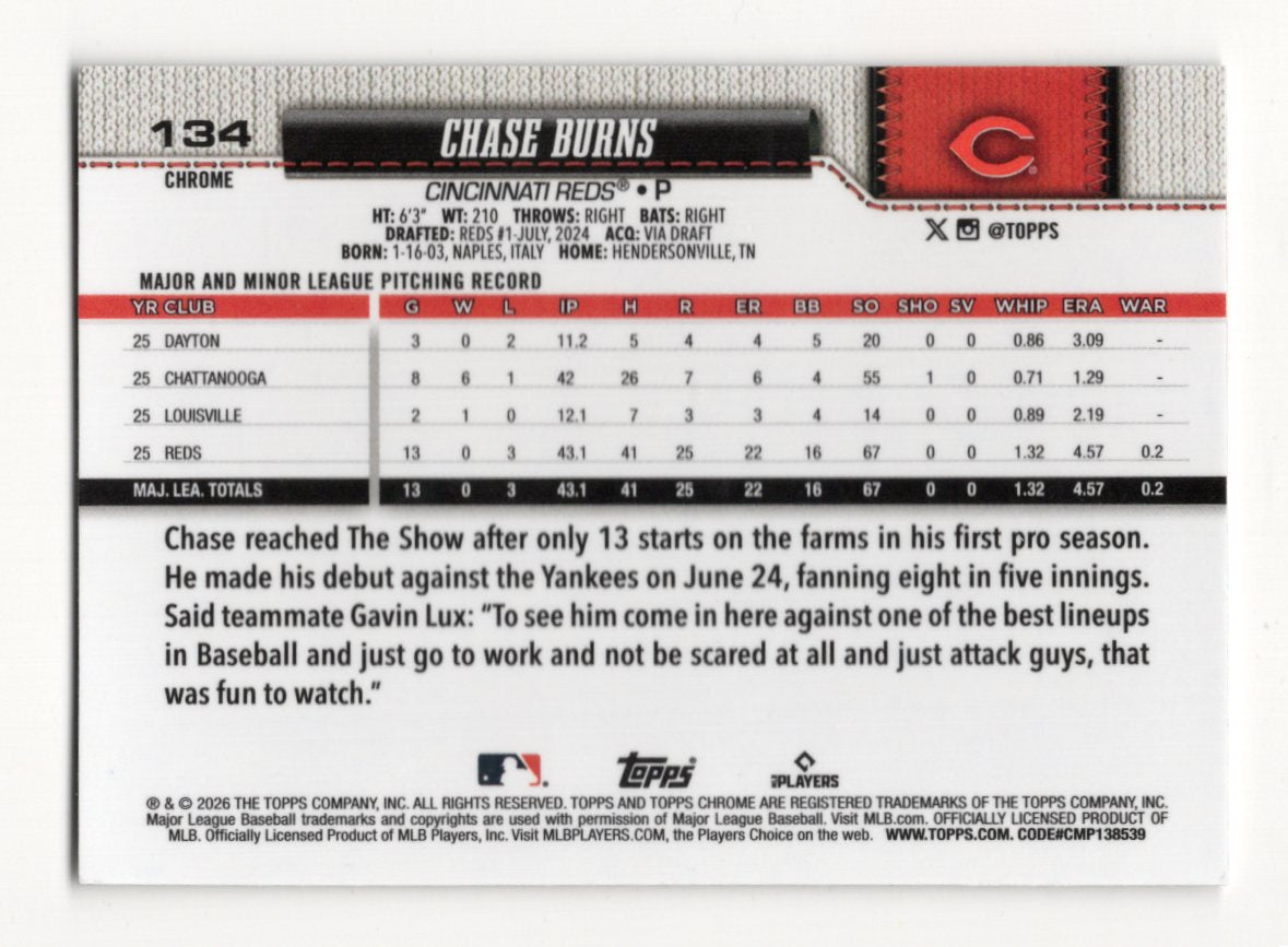 2026 Topps Chrome Chase Burns Card Rookie Cincinnati Reds