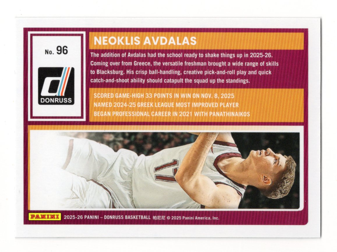 2025-26 Donruss Neoklis Avdalas Card Holo Green Laser Virginia Tech Hokies