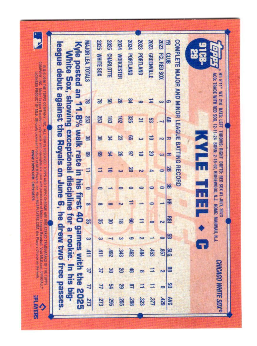 2026 Topps Chrome Kyle Teel Card 1991 Topps Baseball 35th Anniversary Chicago