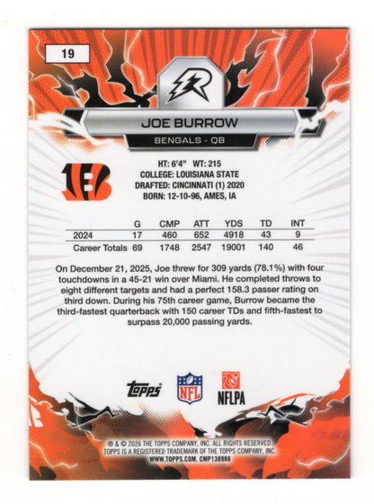 2025 Topps Resurgence Joe Burrow Card Blue & Orange Spark Refractor