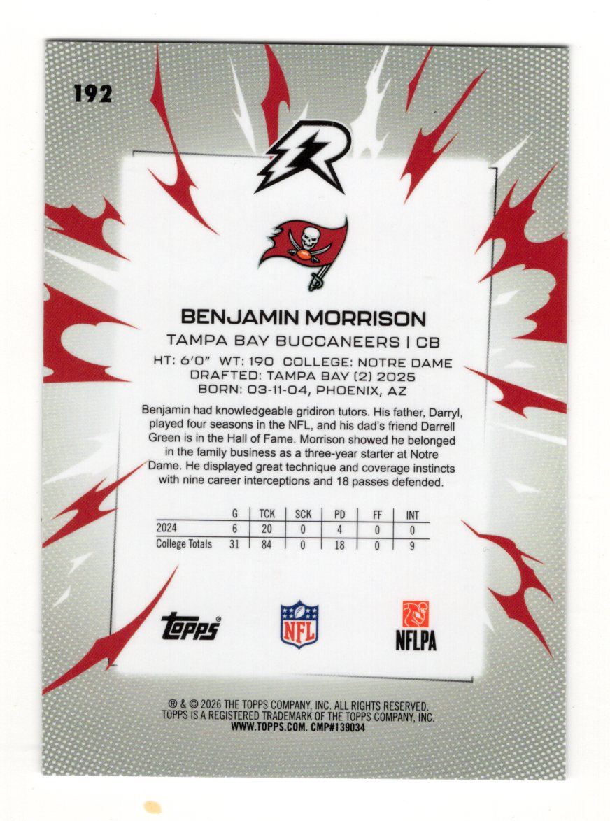 2025 Topps Resurgence Benjamin Morrison Card Rookie Tampa Bay Buccaneers