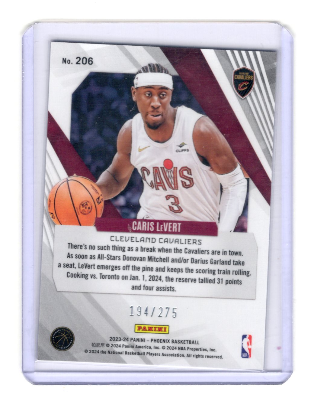 2023-24 Panini Phoenix Caris LeVert Card Phoenix Blue Lazer Cavaliers #/275