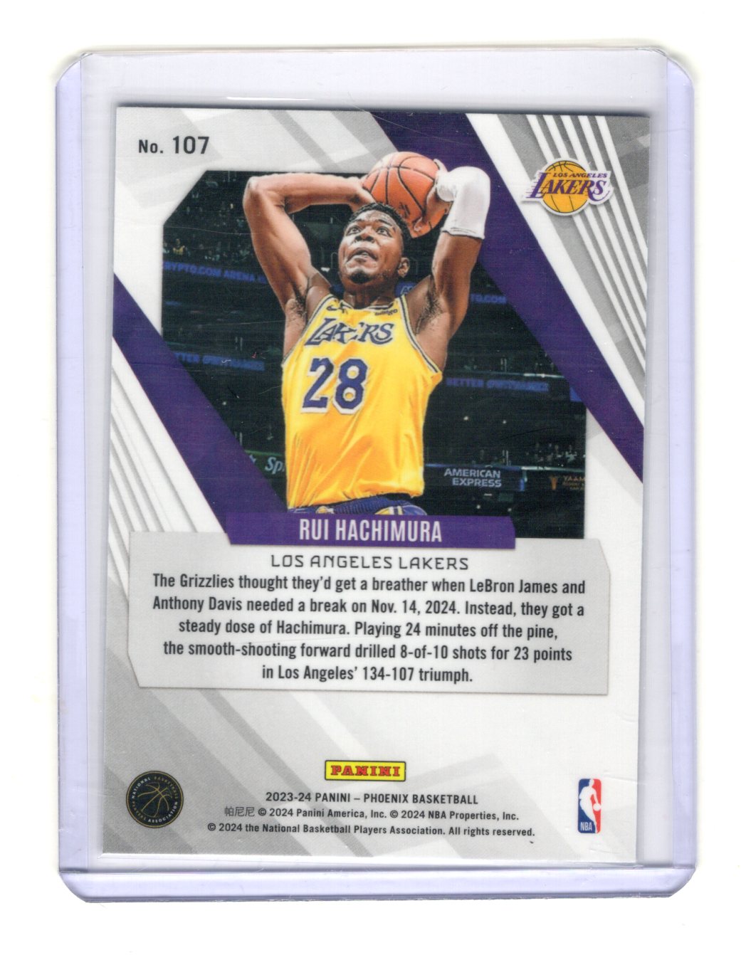 2023-24 Panini Phoenix Rui Hachimura Card Phoenix Teal Lazer Los Angeles Lakers