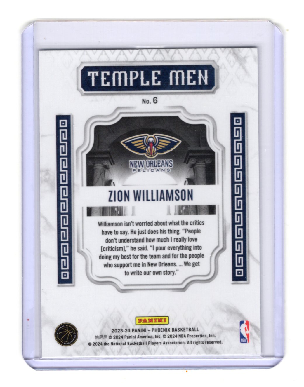 2023-24 Panini Phoenix Zion Williamson Card Temple Men Silver  Pelicans