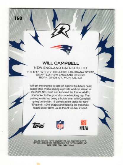 2025 Topps Resurgence Will Campbell Card Rookie New England Patriots