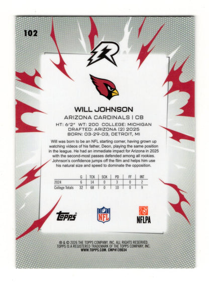 2025 Topps Resurgence Will Johnson Card Rookie Arizona Cardinals