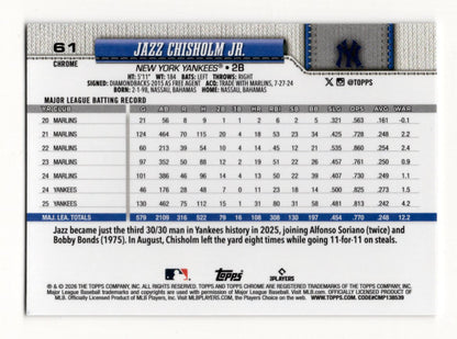 2026 Topps Chrome Jazz Chisholm Jr. Card New York Yankees