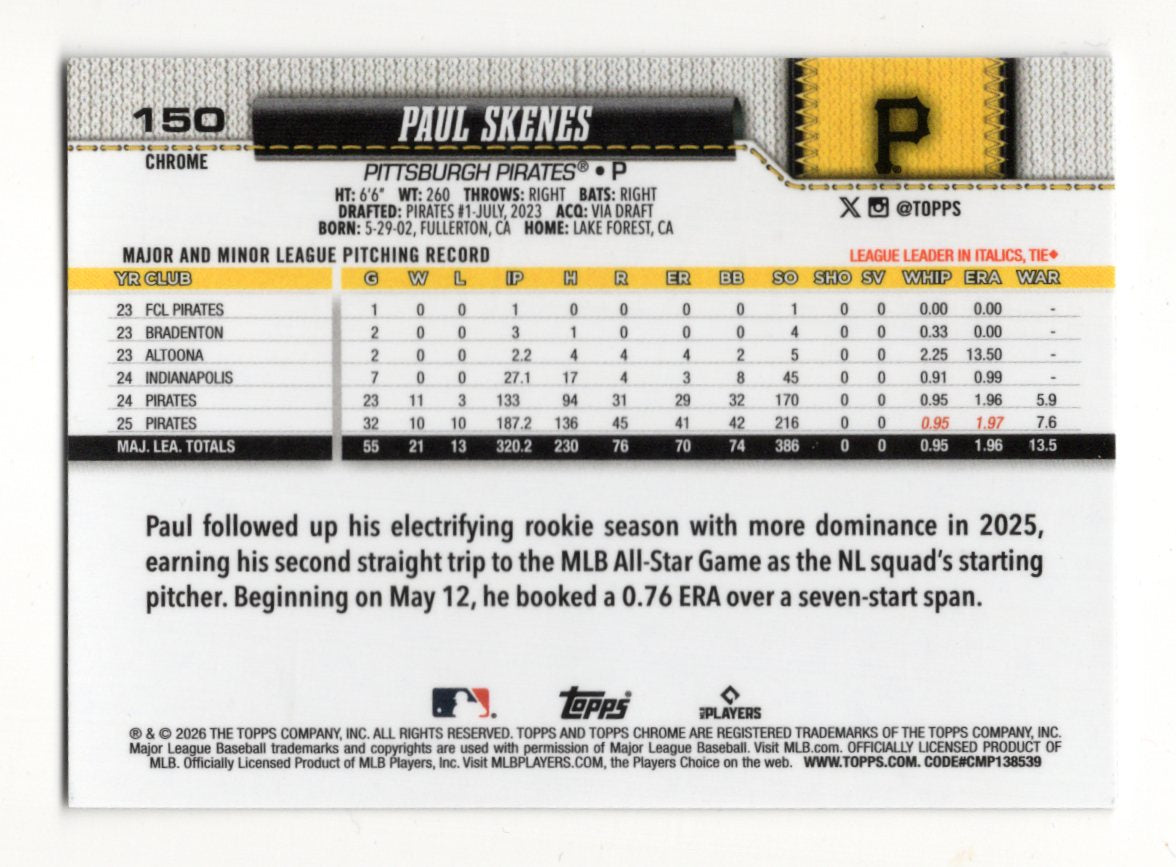 2026 Topps Chrome Paul Skenes Card Pittsburgh Pirates