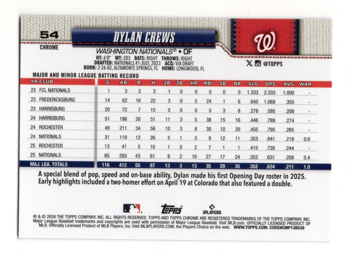 2026 Topps Chrome Dylan Crews Card Washington Nationals