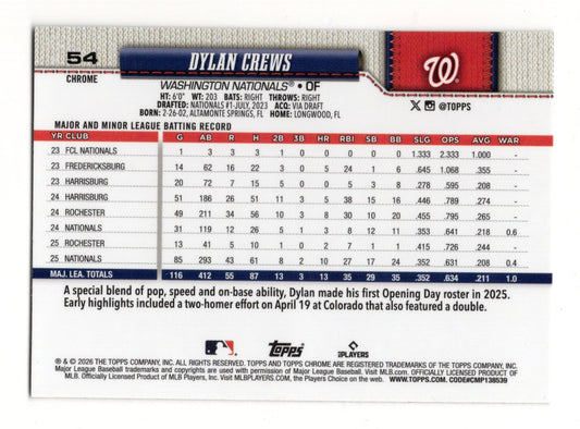 2026 Topps Chrome Dylan Crews Card Washington Nationals
