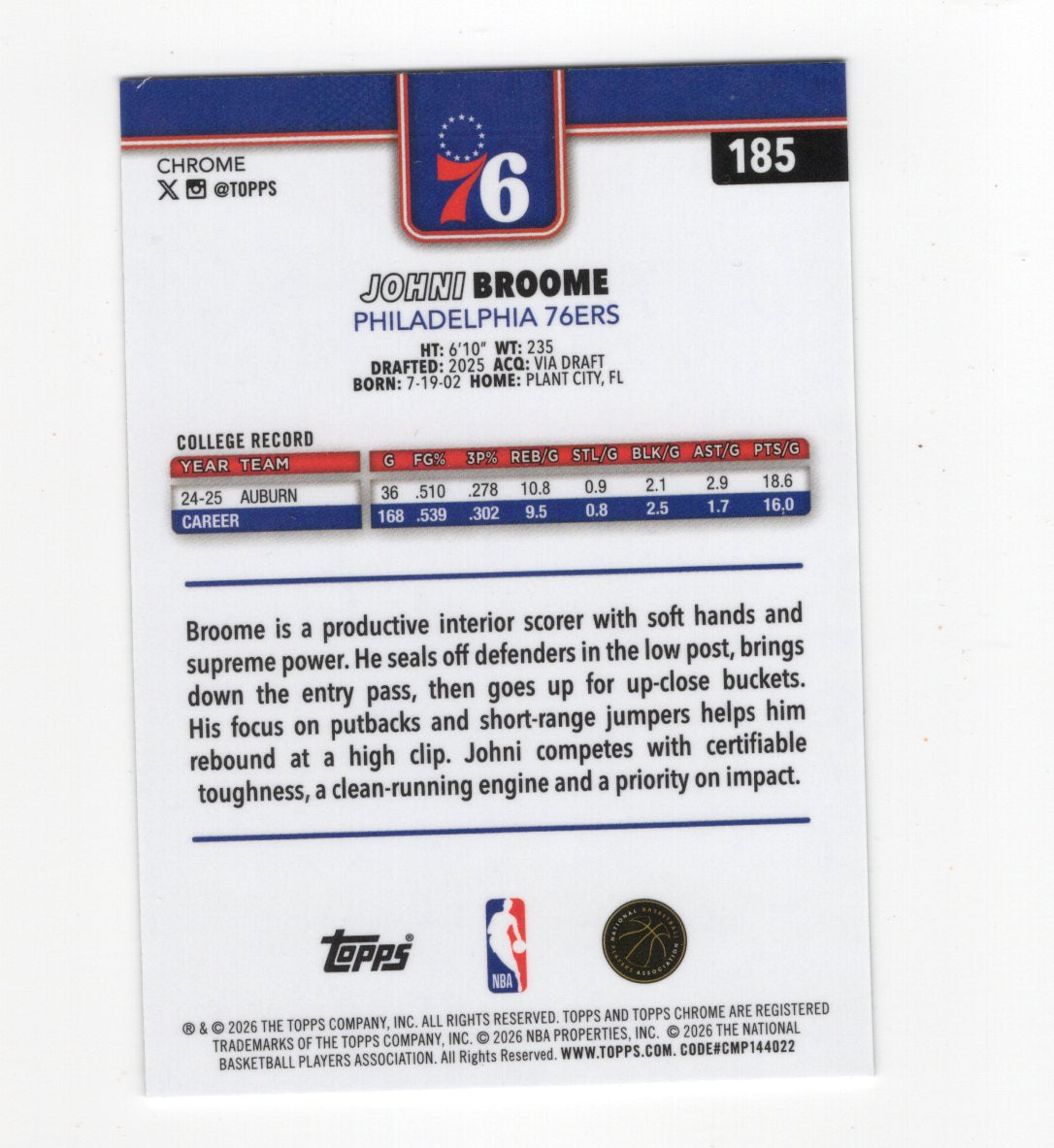 2025-26 Topps Chrome Update Johni Broome RC #185 X-Fractor 76ers