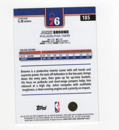 2025-26 Topps Chrome Update Johni Broome RC #185 X-Fractor 76ers