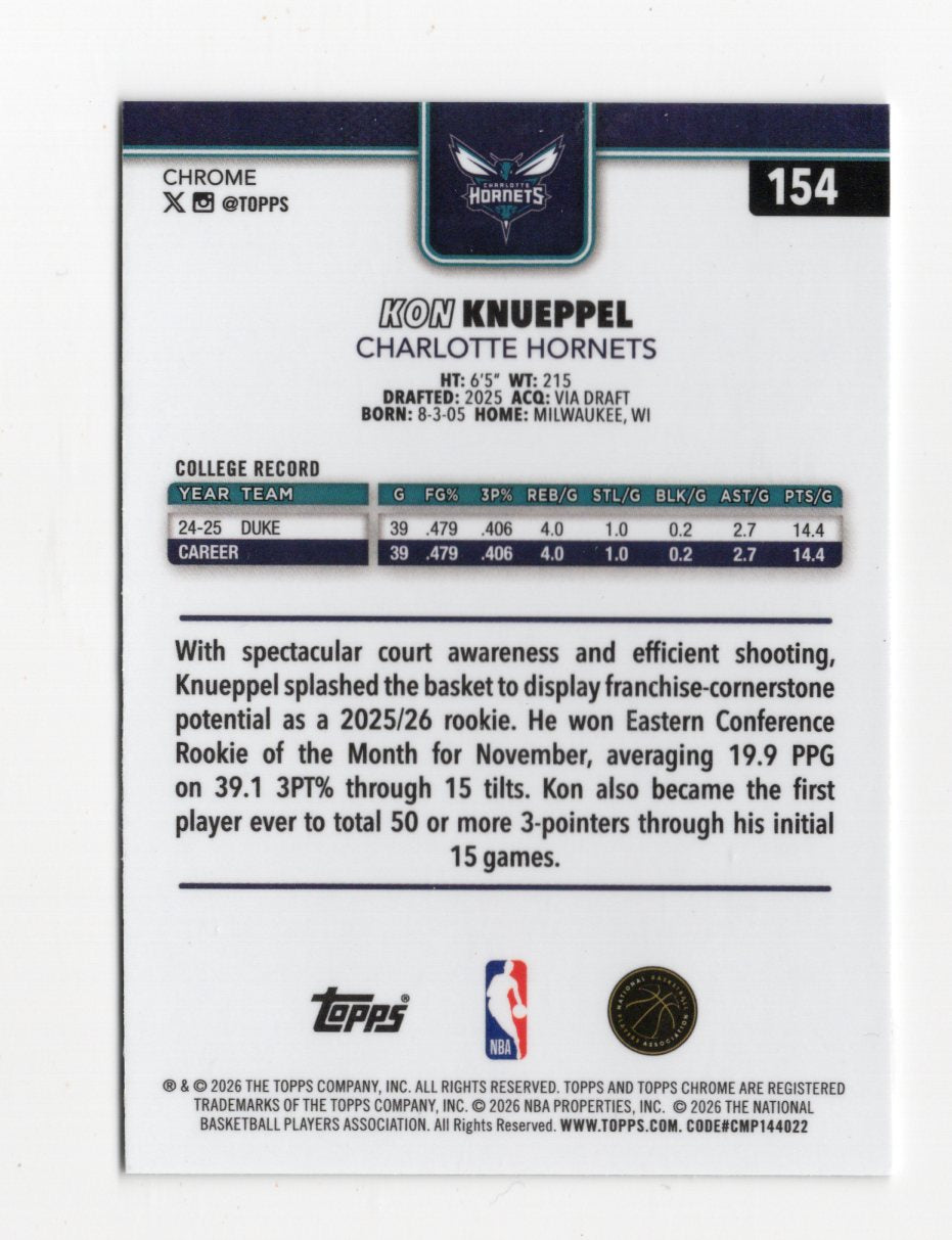 2025-26 Topps Chrome Update Kon Knueppel RC #154 Charlotte Hornets Base Rookie