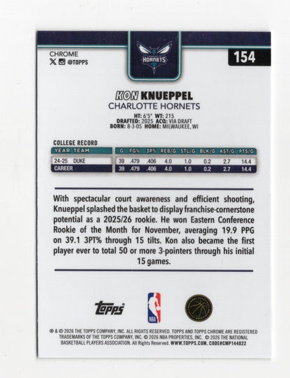 2025-26 Topps Chrome Update Kon Knueppel RC #154 Charlotte Hornets Base Rookie
