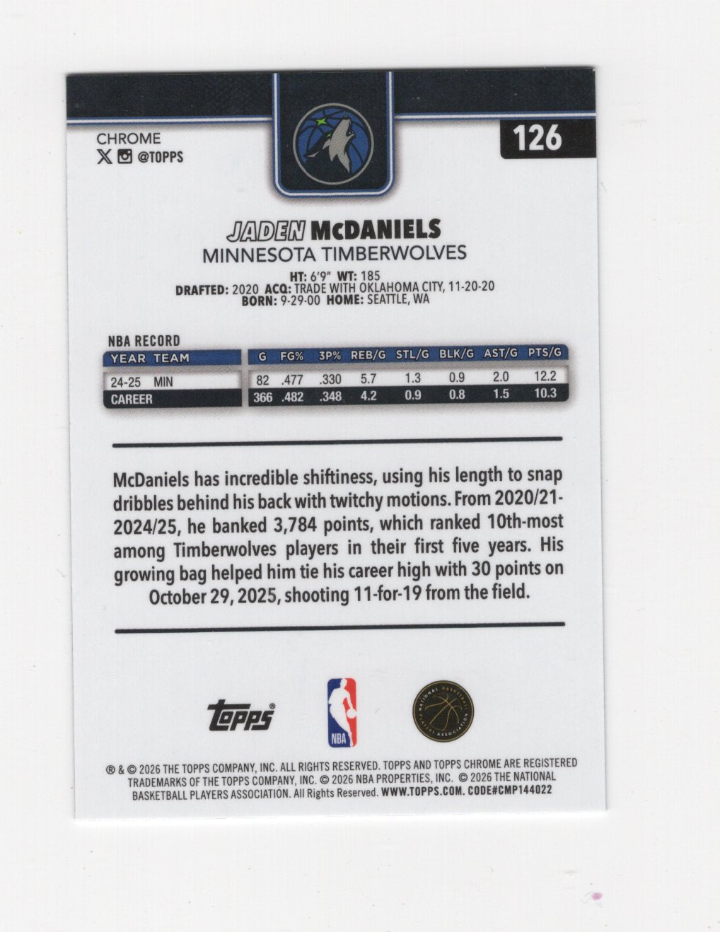 2025-26 Topps Chrome Update Jaden McDaniels #126 RayWave Refractor Timberwolves