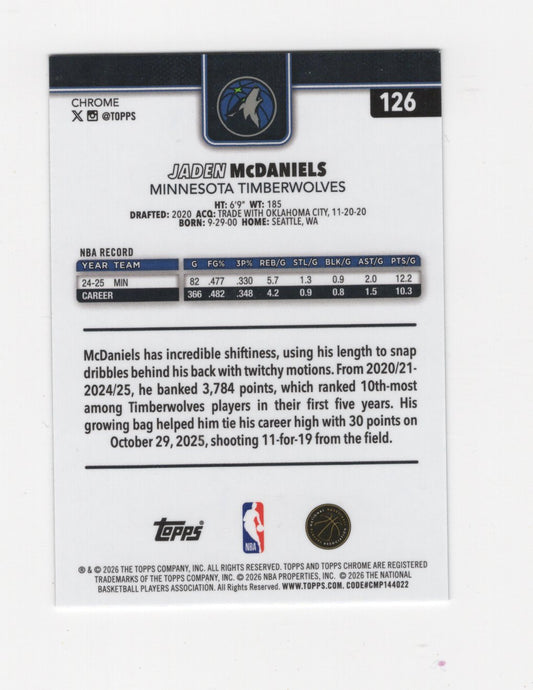2025-26 Topps Chrome Update Jaden McDaniels #126 RayWave Refractor Timberwolves