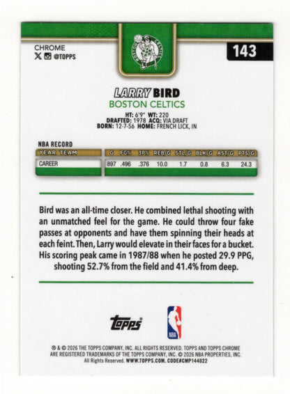 2025-26 Topps Chrome Update Larry Bird #143 Boston Celtics Hall of Fame