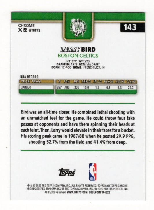 2025-26 Topps Chrome Update Larry Bird #143 Boston Celtics Hall of Fame