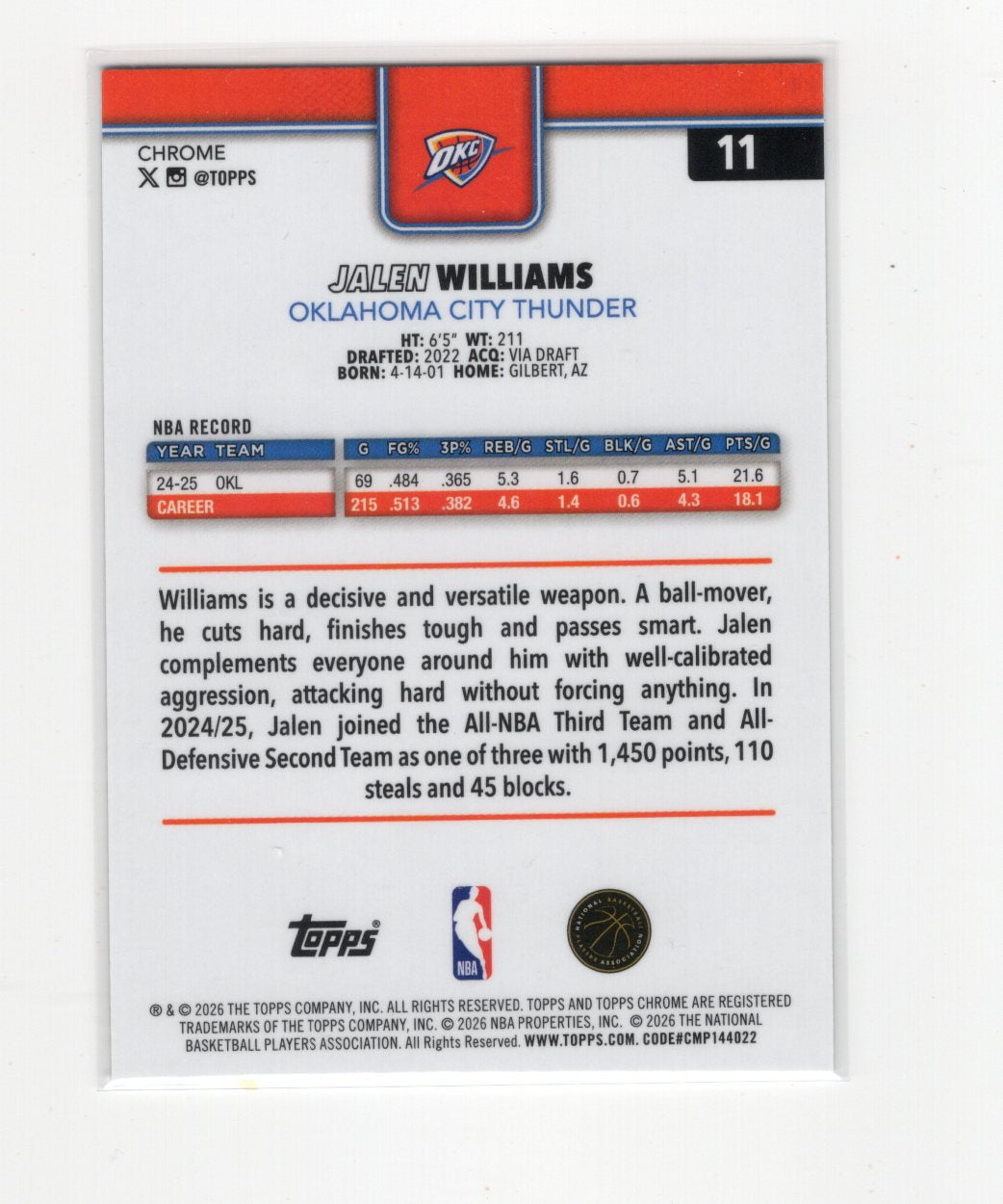 2025-26 Topps Chrome Update Jalen Williams #11 X-Fractor OKC Thunder
