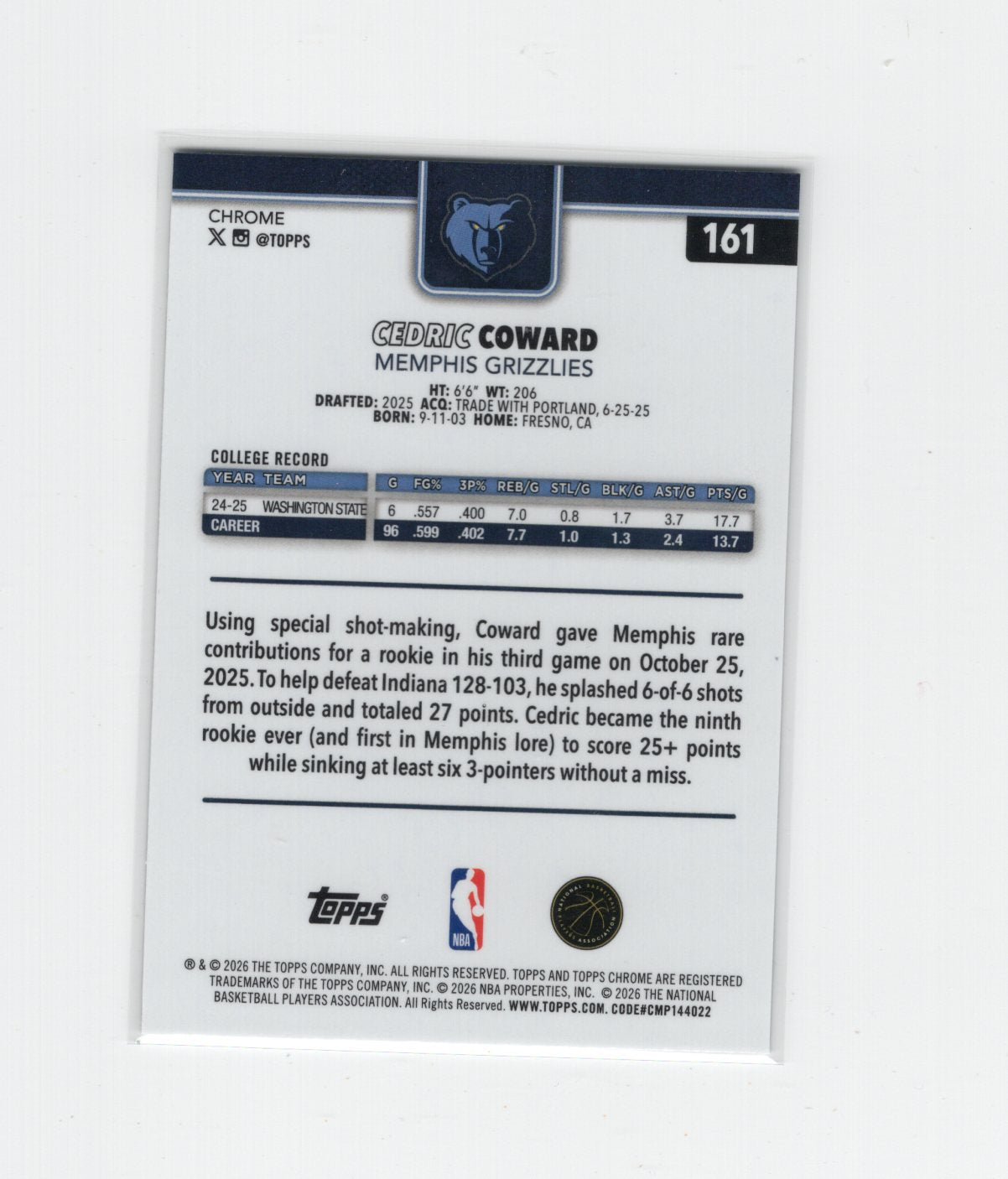 2025-26 Topps Chrome Update Cedric Coward RC #161 X-Fractor Memphis Grizzlies