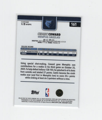 2025-26 Topps Chrome Update Cedric Coward RC #161 X-Fractor Memphis Grizzlies