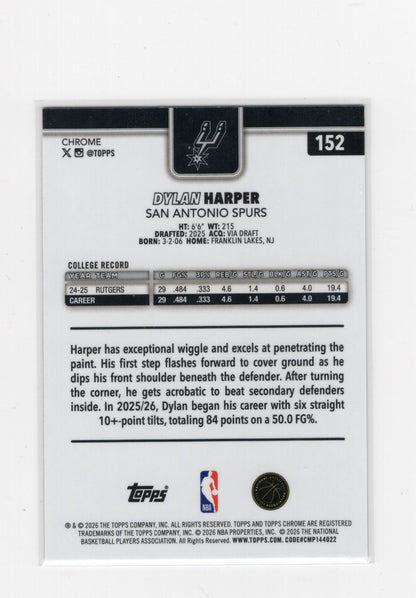 2025-26 Topps Chrome Update Dylan Harper RC #152 RayWave Refractor Spurs