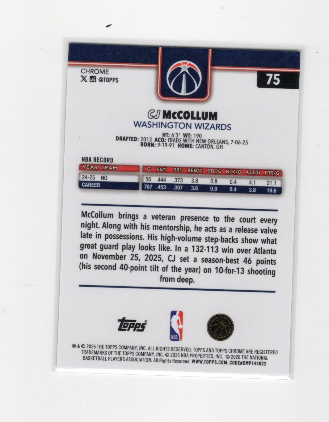 2025-26 Topps Chrome Update CJ McCollum #75 Aqua RayWave Refractor /199 Wizards