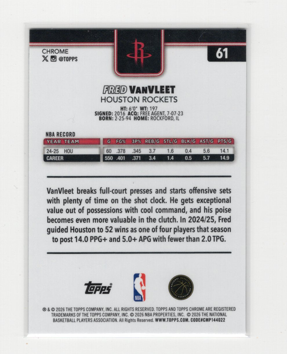 2025-26 Topps Chrome Update Fred VanVleet #61 X-Fractor Houston Rockets