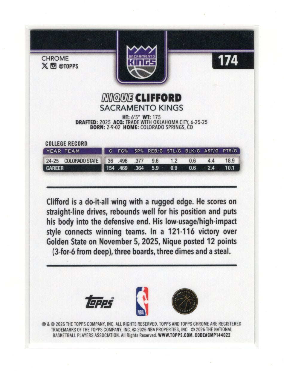 2025-26 Topps Chrome Update Nique Clifford RC #174 X-Fractor Sacramento Kings
