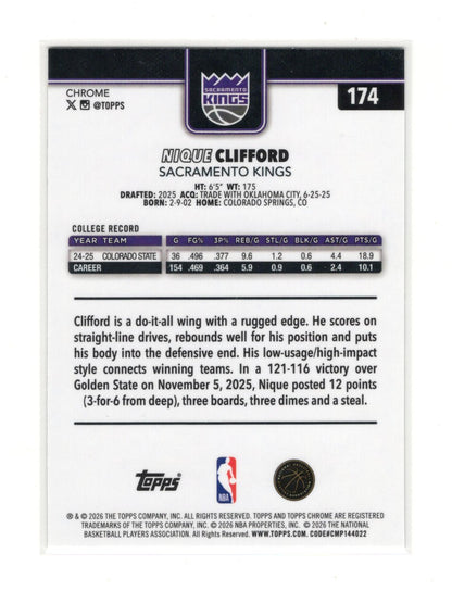2025-26 Topps Chrome Update Nique Clifford RC #174 X-Fractor Sacramento Kings