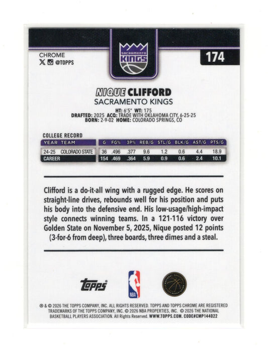 2025-26 Topps Chrome Update Nique Clifford RC #174 X-Fractor Sacramento Kings