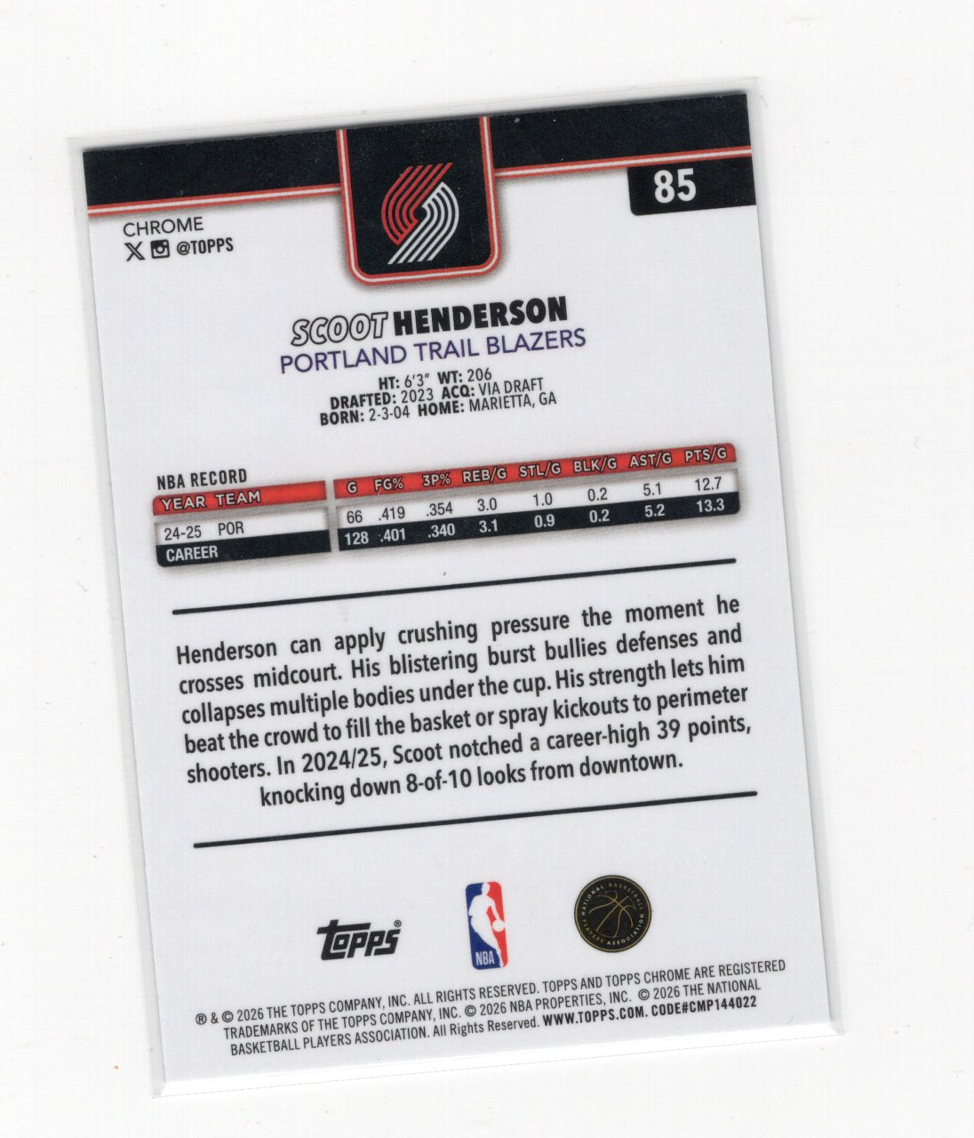 2025-26 Topps Chrome Update Scoot Henderson #85 X-Fractor Trail Blazers