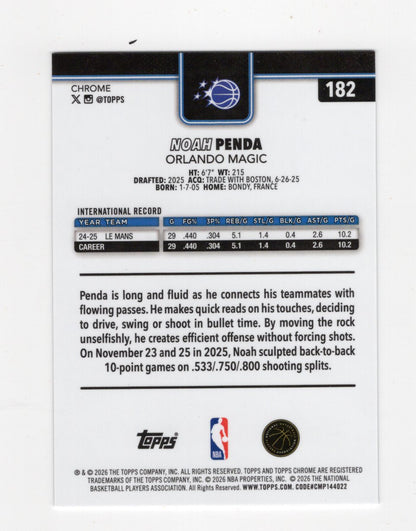 2025-26 Topps Chrome Update Noah Penda RC #182 Orlando Magic Base Rookie