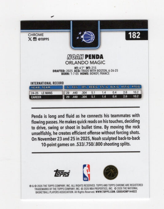 2025-26 Topps Chrome Update Noah Penda RC #182 Orlando Magic Base Rookie