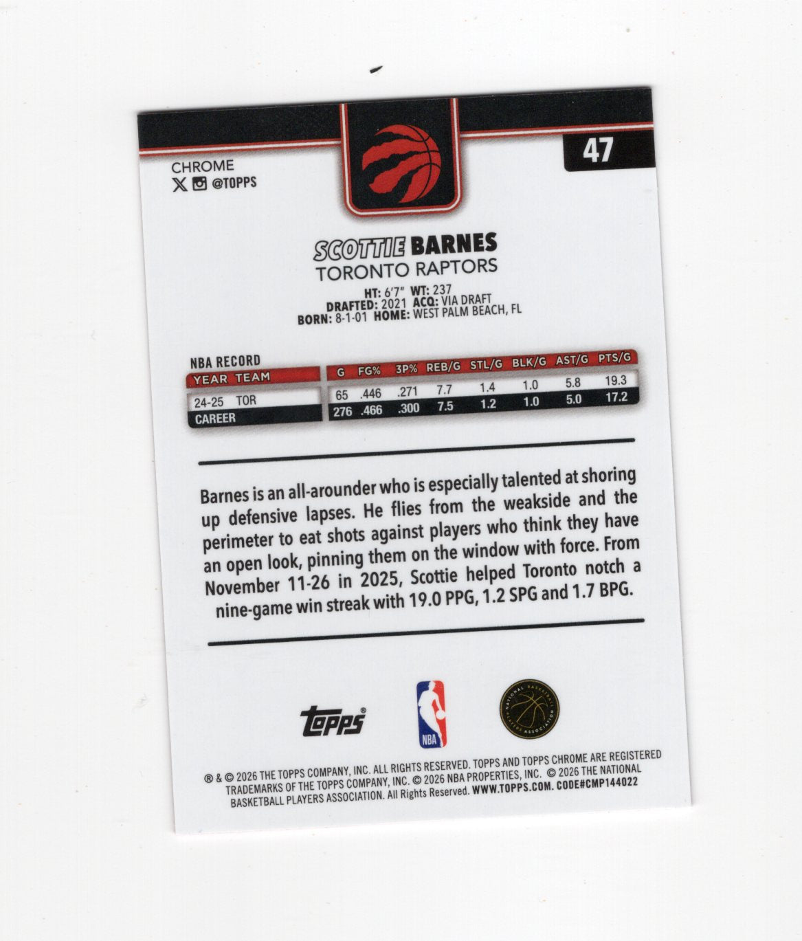 2025-26 Topps Chrome Update Scottie Barnes #47 Pink Refractor /399 Raptors