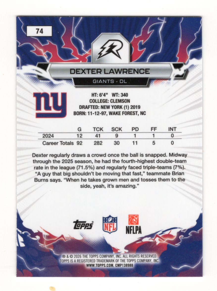 2025 Topps Resurgence Dexter Lawrence #74 Sky Blue & Pink Shock Refractor Giants