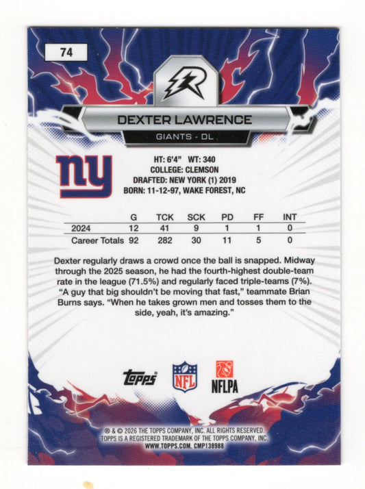 2025 Topps Resurgence Dexter Lawrence #74 Sky Blue & Pink Shock Refractor Giants