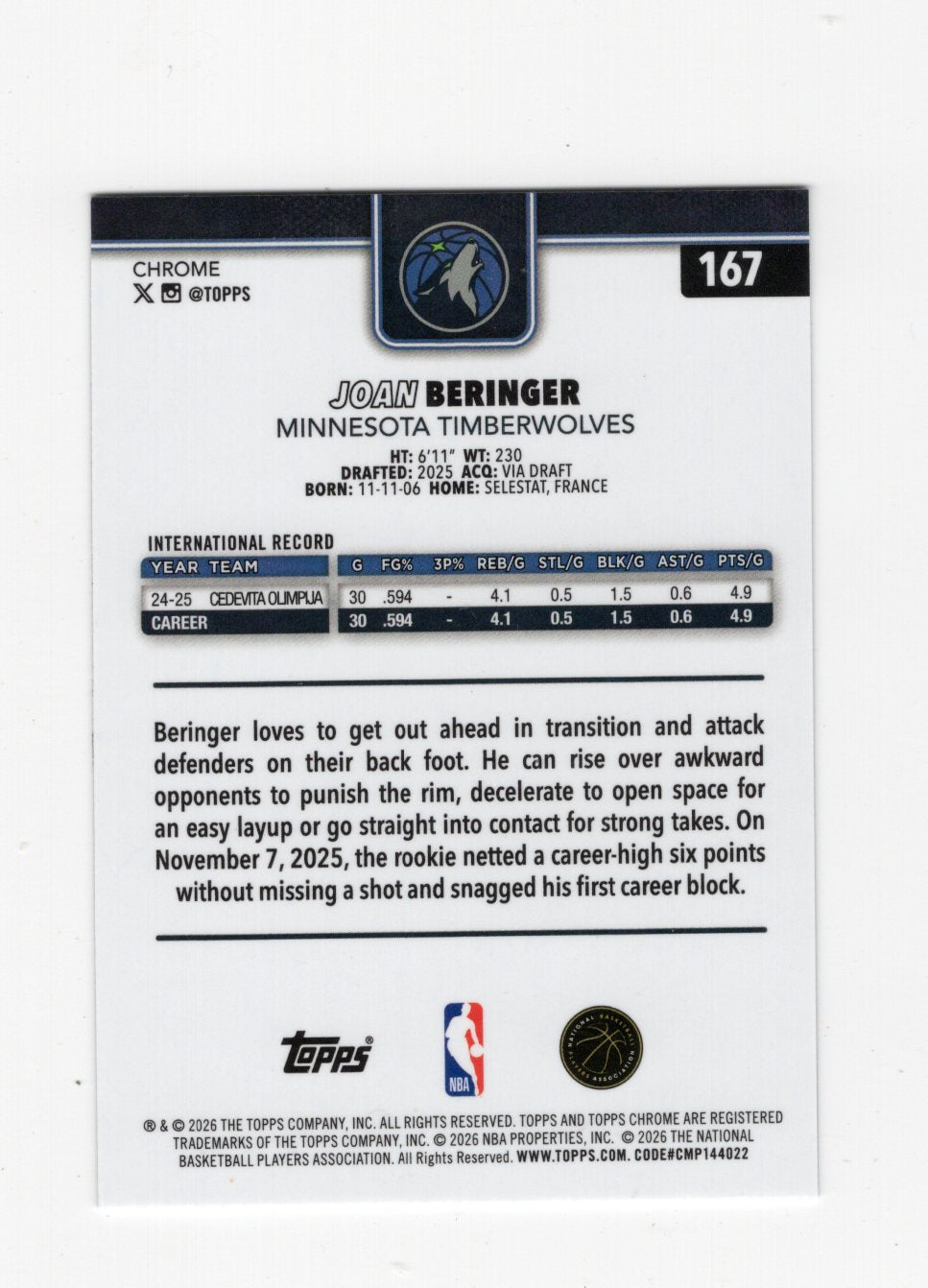 2025-26 Topps Chrome Update Joan Beringer RC #167 X-Fractor Timberwolves