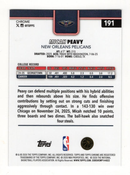 2025-26 Topps Chrome Update Micah Peavy RC #191 New Orleans Pelicans Base