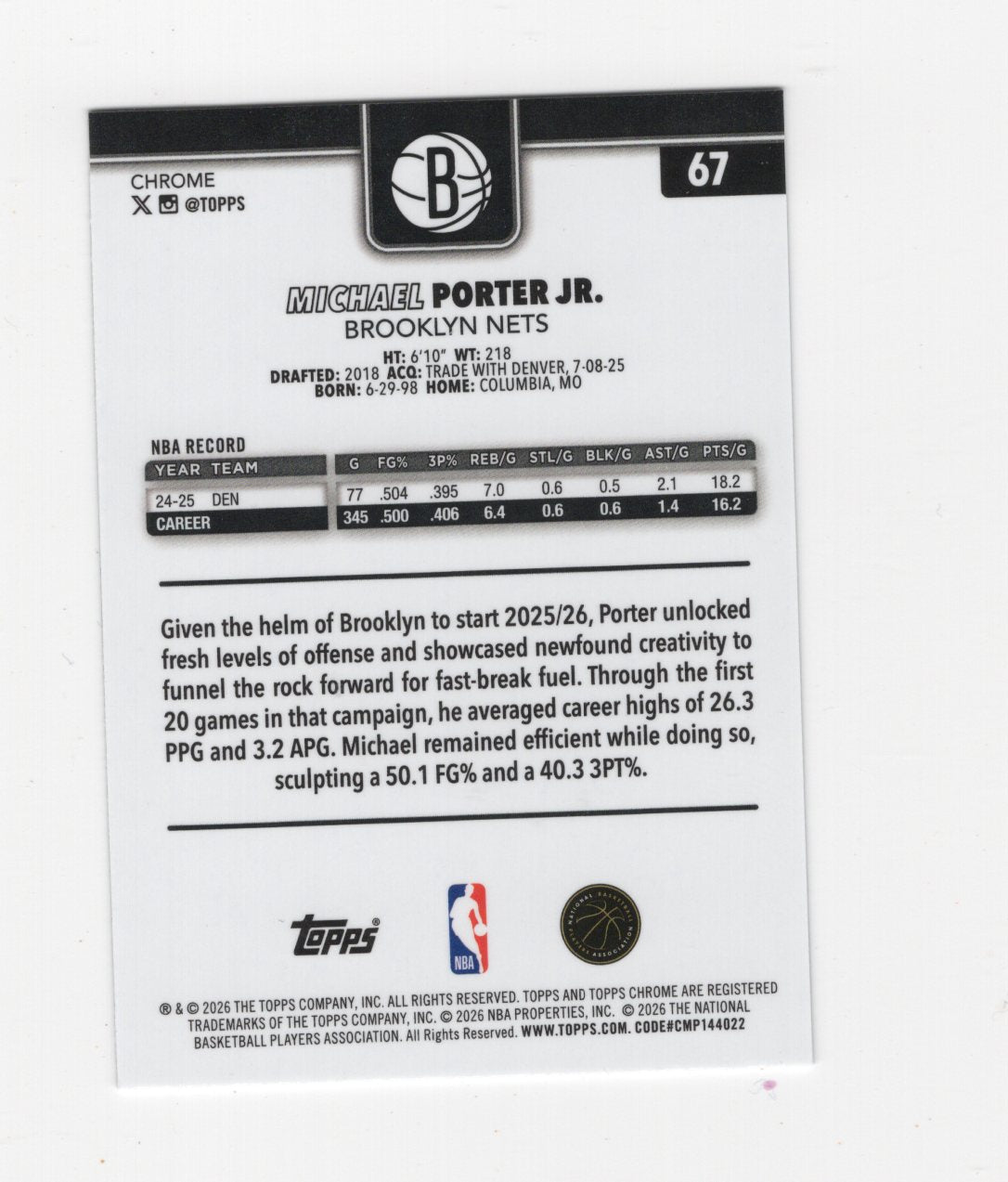 2025-26 Topps Chrome Update Michael Porter Jr. #67 X-Fractor Brooklyn Nets