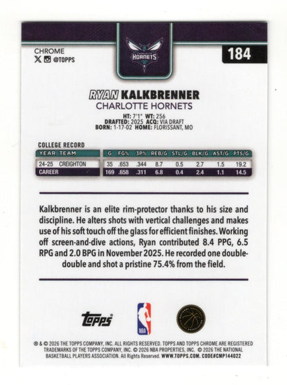 2025-26 Topps Chrome Update Ryan Kalkbrenner RC #184 Charlotte Hornets Base